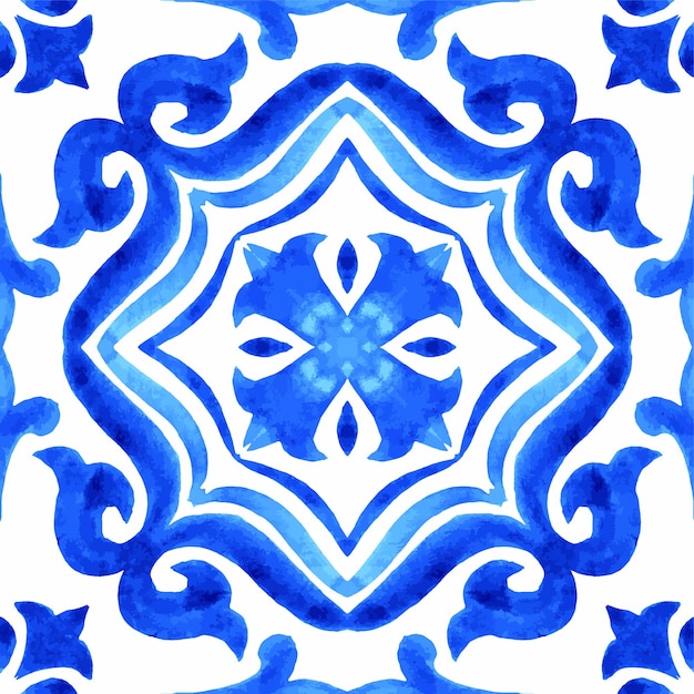 Вектор Синий акварельный узор португальской плитки azulejos традиционный орнамент