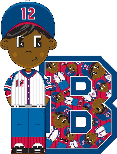  B is for Baseball Player Alphabet Learning Educational Illustration