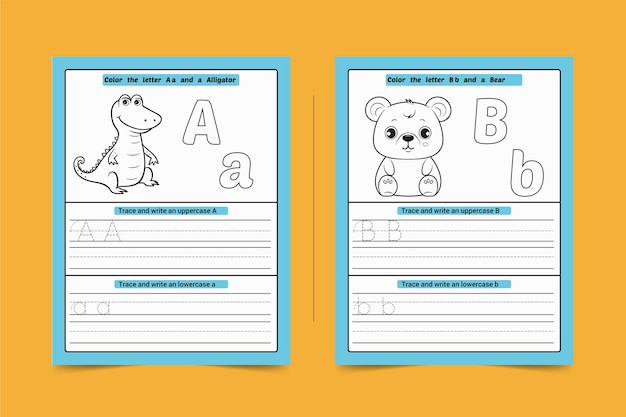 Vector a and b letter tracing practice sheet with animal