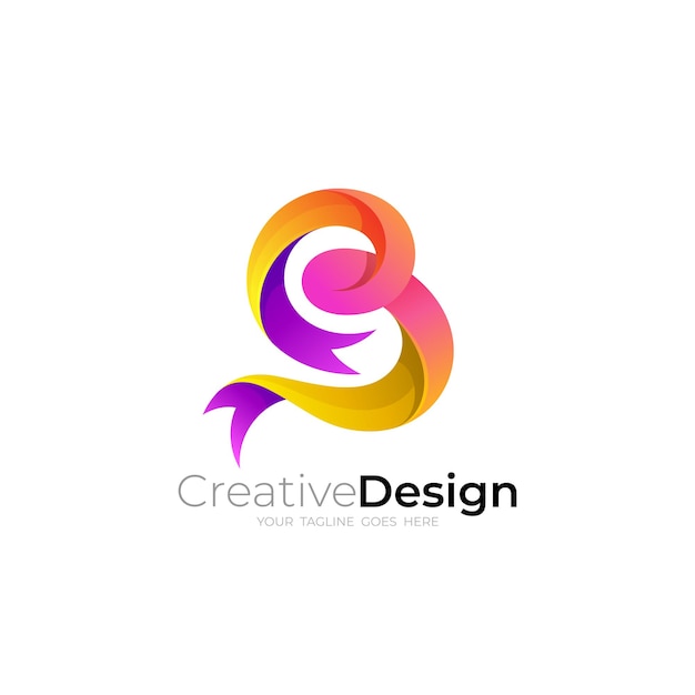 B logo and ribbon design combination 3d colorful design