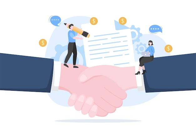 B2B or Business to Business Marketing Vector Illustration. Businessmen and Client Shaking Hands After Set Strategy, Sales and Commerce for Agreed Transaction