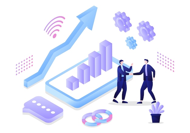B2B 또는 B2B 또는 B2B 마케팅 벡터 일러스트 레이 션. 합의된 거래를 위한 전략, 판매 및 상거래를 설정한 후 사업가와 클라이언트가 악수