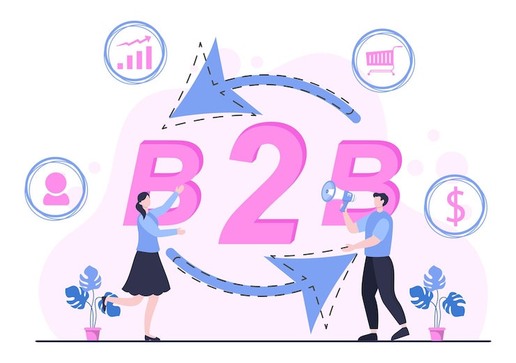 वेक्टर b2b or business to business marketing vector illustration. businessmen and client shaking hands after set strategy, sales and commerce for agreed transaction