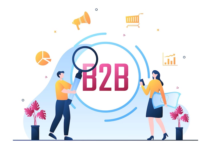 वेक्टर b2b or business to business marketing vector illustration. businessmen and client shaking hands after set strategy, sales and commerce for agreed transaction