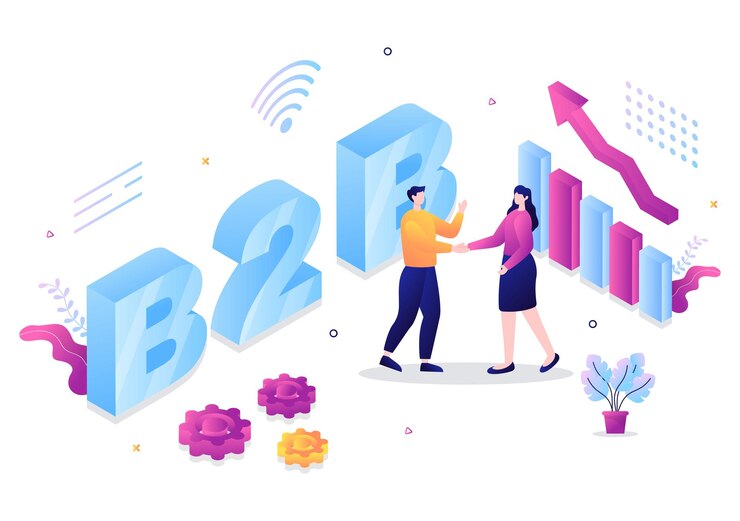 वेक्टर b2b or business to business marketing vector illustration. businessmen and client shaking hands after set strategy, sales and commerce for agreed transaction
