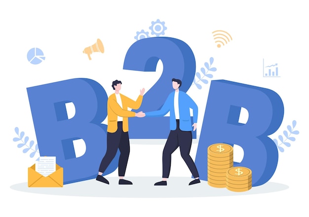 벡터 b2b 또는 b2b 또는 b2b 마케팅 벡터 일러스트 레이 션. 합의된 거래를 위한 전략, 판매 및 상거래를 설정한 후 사업가와 클라이언트가 악수