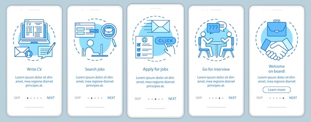 Baan zoeken onboarding mobiele app paginascherm met lineaire concepten. CV schrijven, solliciteren, sollicitatiegesprek, grafische instructies voor het werk krijgen. Stappen grafische instructies. UX, UI, GUI vectorsjabloon