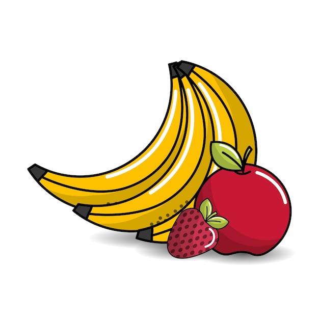 babanas, apple and strawberry fruits icon