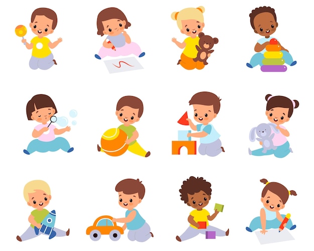 Babies playing with toys Multiethnic kids hold different items little boys and girls sitting on floor with car ball and cubes Stuffed and educational toy collection vector cartoon set