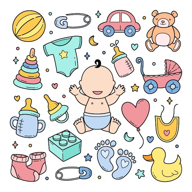 Baby accessories doodle hand drawn vector clip art objects
