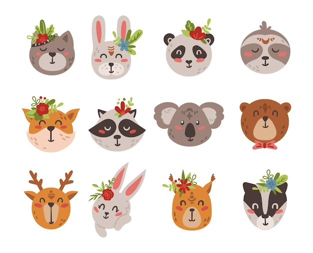 Baby animal faces boho elements isolated