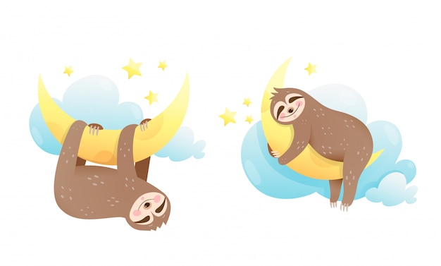 Baby animal sloth sleeping in the clouds, hugging the moon. cute clipart for newborn children.