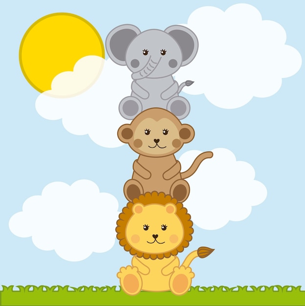 Gli animali del bambino sopra il paesaggio con le nuvole vector l'illustrazione
