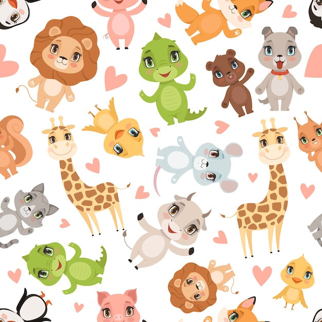 Baby animals pattern. fabric printed seamless safari wild animals crocodile giraffe lion  cartoon background