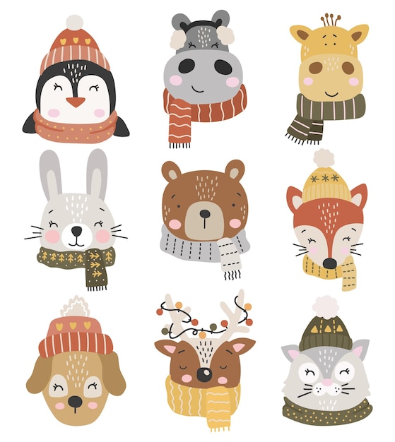 Baby animals set, winter animals collection, cute animals cartoon vector, thickly clothed pet