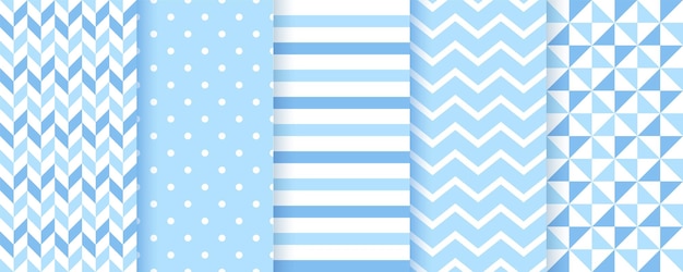 Baby backgrounds. Blue seamless patterns. Baby boy geometric textures. Vector. Set of kids pastel textile prints. Cute childish backdrop with polka dots, zigzag and stripes. Modern illustration.