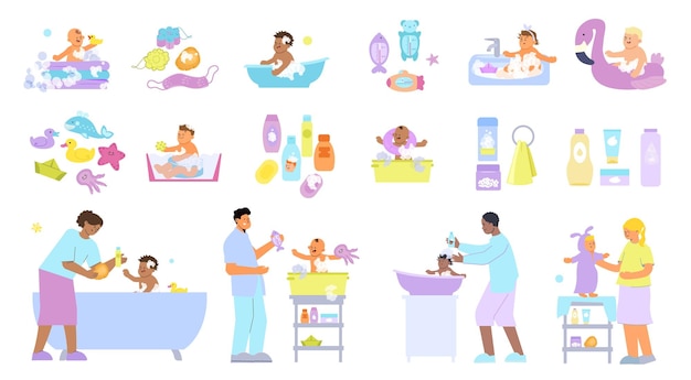 Vector baby bathing time flat set of isolated icons with characters of babies adults and sanitary products vector illustration