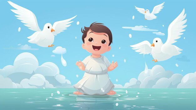 Vector a baby in a bathrobe with birds flying in the background