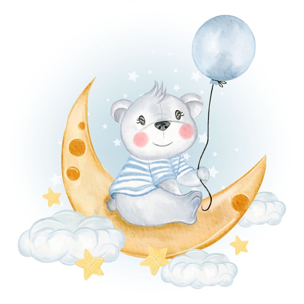 Baby bear holding balloon on moon clouds