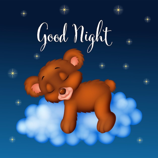 Vector baby bear sleeping on the cloud