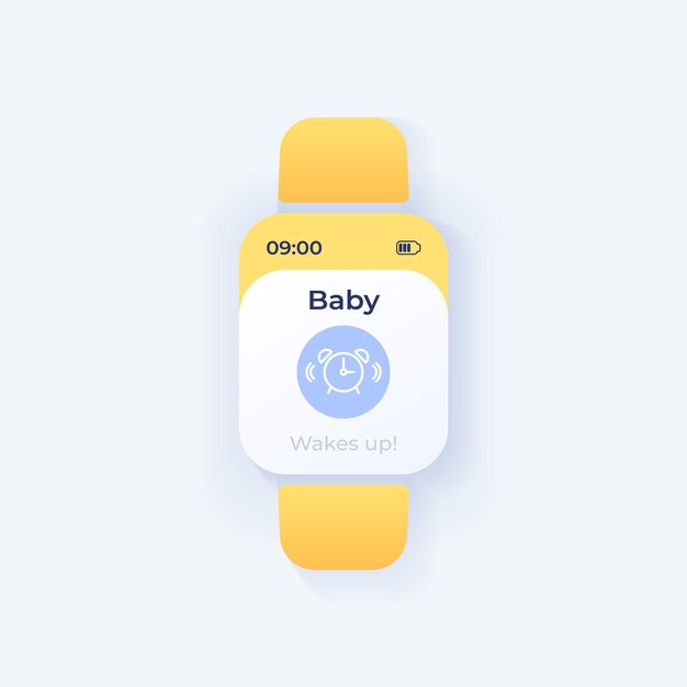 赤ちゃんの就寝時間終了スマートウォッチインターフェイスベクトルテンプレート。モバイルアプリ通知ナイトモードデザイン。育児通知メッセージ画面。親子関係の助け。アプリケーションのフラットui。スマートウォッチディスプレイ