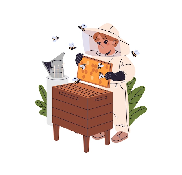 Baby bijenhouder verzamelt honing uit de bijenkorf Leuk kind in een beschermend pak verzamelt heuningvliezen uit de byenkorf Jongen houdt bijen honingbijen Platte geïsoleerde vector illustratie op witte achtergrond