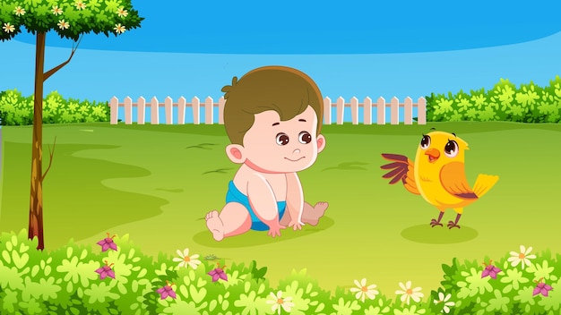 baby and bird playing