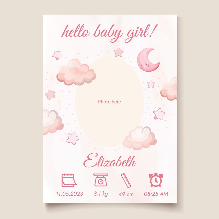 Vector baby birth details template with photo in pink watercolor new born gift its a girl