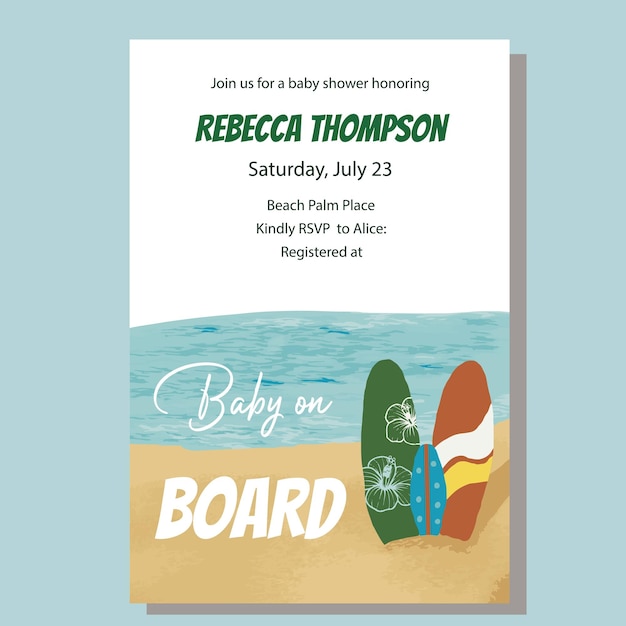 A baby on board beach themed invitation for a baby shower