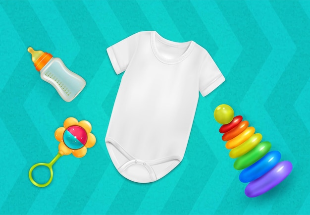 Baby bodysuit realistic composition with cotton clothes and toys illustration