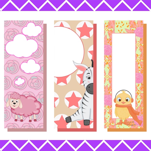 Baby bookmarks with cute animals, vector graphics.