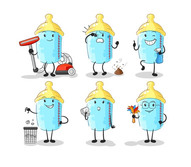 Baby bottle cleaning group character cartoon mascot vector