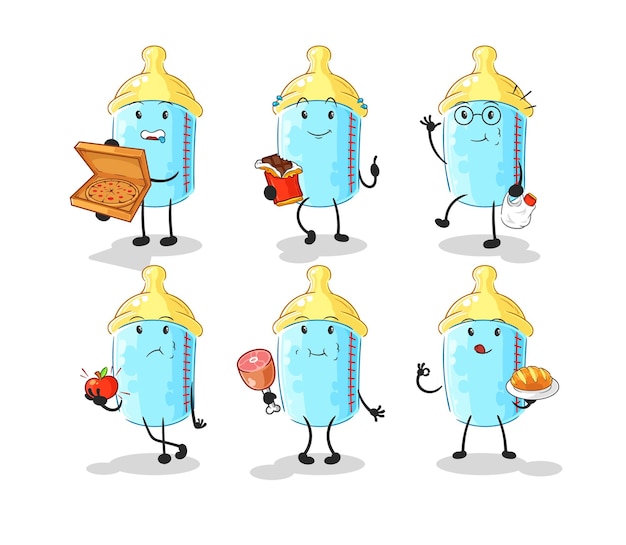 Baby bottle food set character cartoon mascot vector