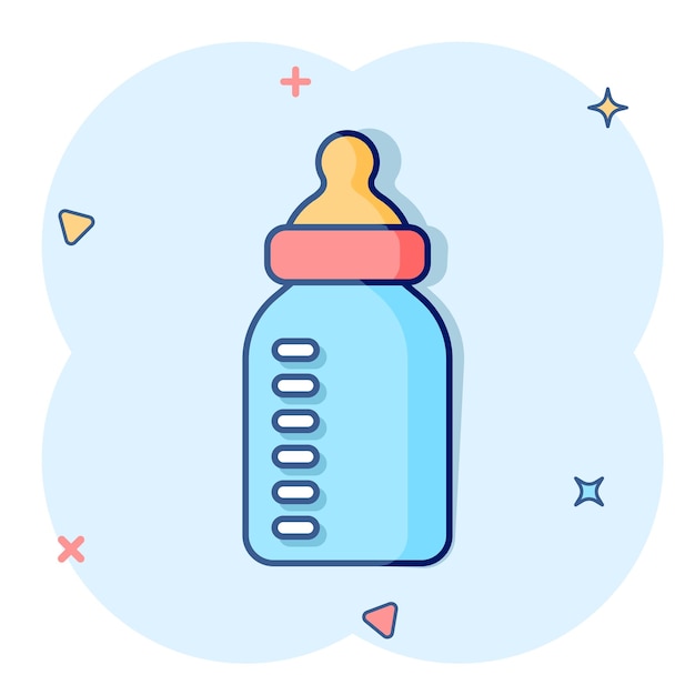 Иконка детской бутылочки в комическом стиле. Векторная иллюстрация контейнера для молока на белом изолированном фоне. Бизнес-концепция эффекта всплеска стекла напитка