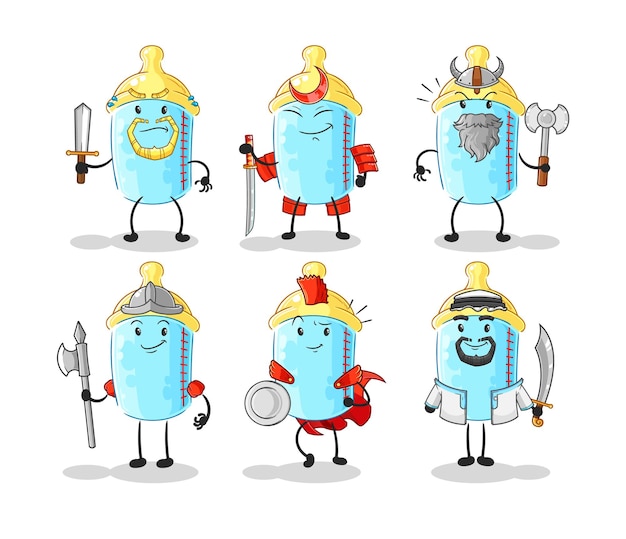 Baby bottle warrior group character cartoon mascot vector