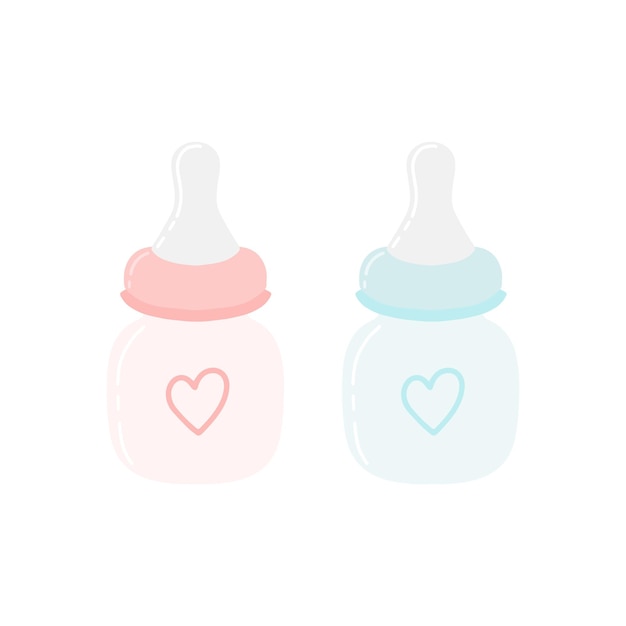 Vector baby bottles decorated with hearts pink for a girl blue for a boy
