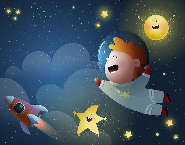 Premium Vector | Baby boy astronaut flying in space kids wallpaper