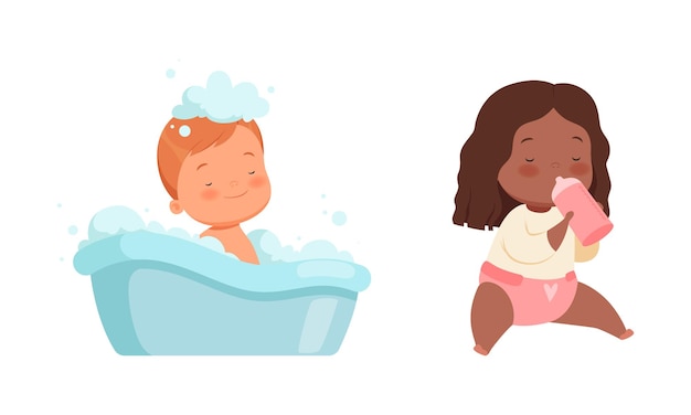 baby boy in bathtub taking bath and girl drinking milk from bottle vector set