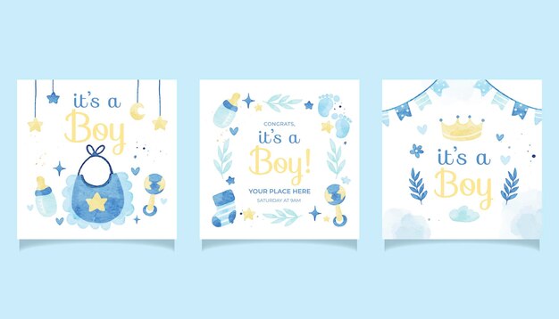 Vector baby boy blue square post set in watercolor style