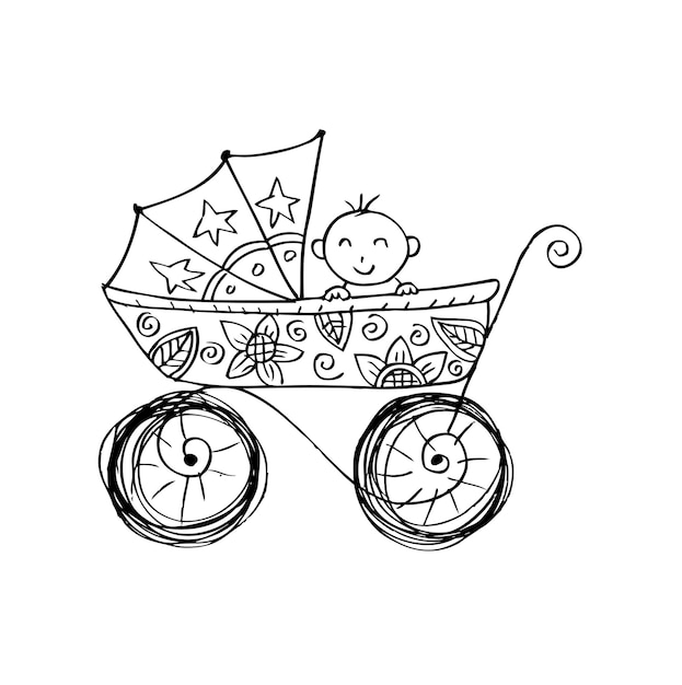 Baby boy in carriage Doodle style