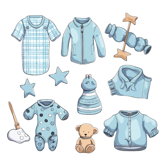 Baby boy clothes and accessories vector clipart white background