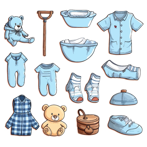 Vector baby boy clothes and accessories vector clipart white background