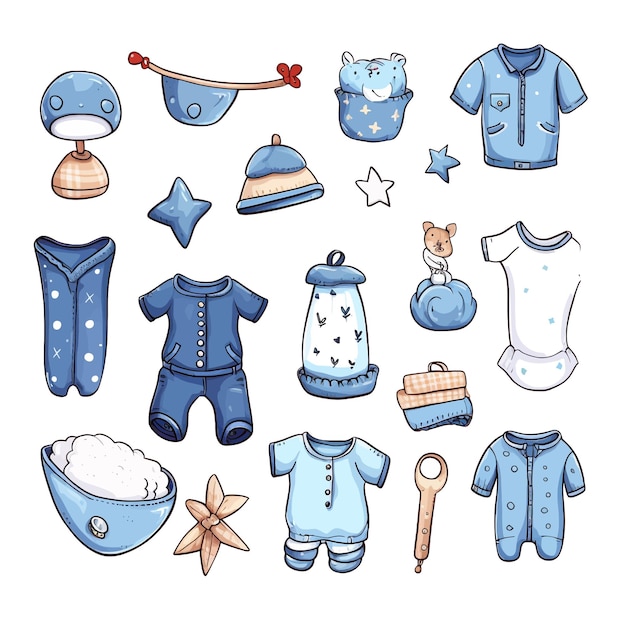 Baby boy clothes and accessories vector clipart white background