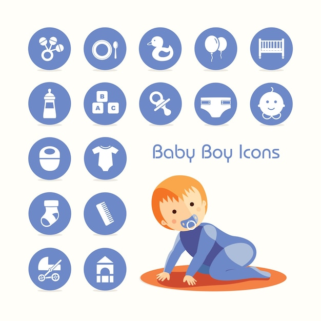 Baby boy crawling and icons set