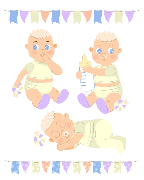 Vector baby boy in diapers with a bottle of milk.