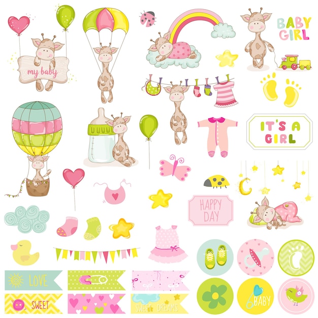 Vector baby boy giraffe scrapbook set