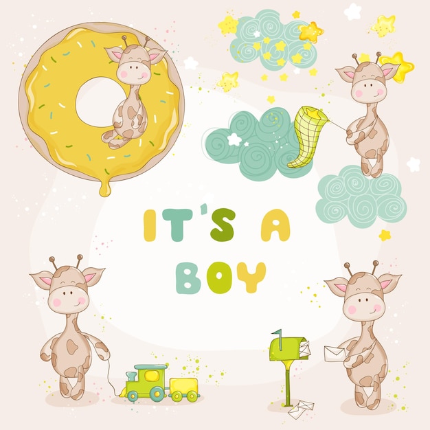 Baby boy giraffe set - baby shower o arrival card - in