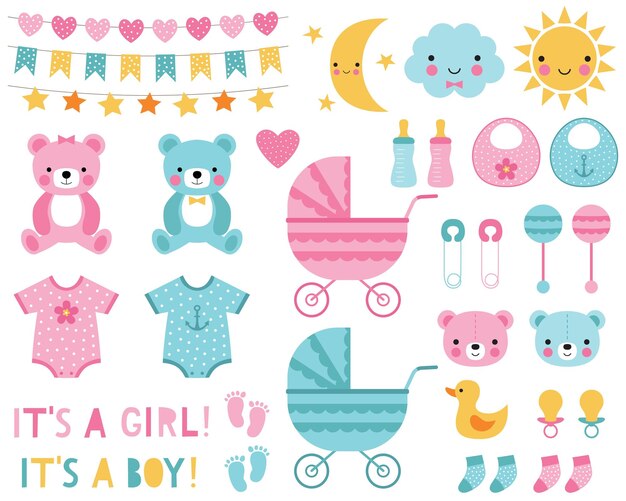 Vector baby boy and girl design elements and decoration