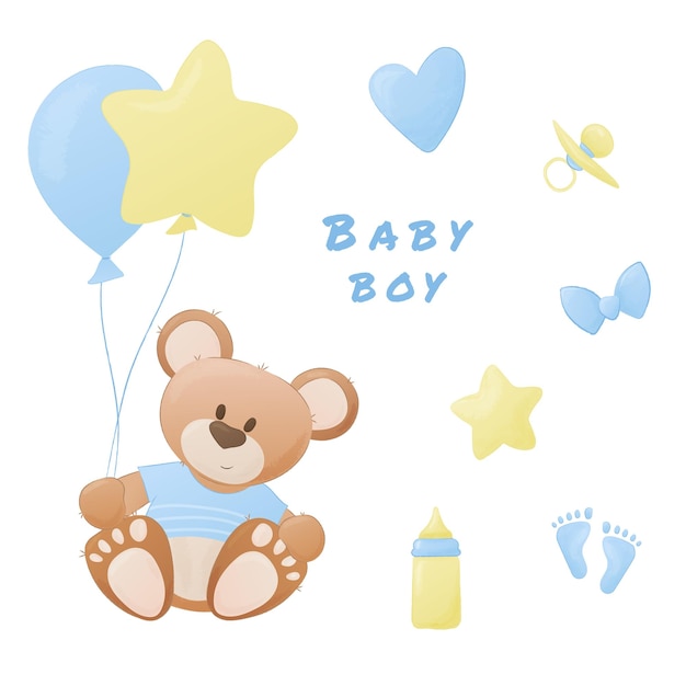 Baby boy greeting card Teddy bear Helium balloons White background