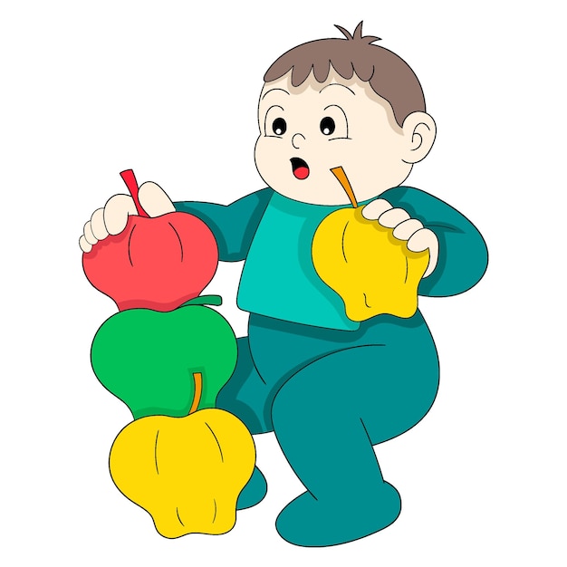 Baby boy is playing stacking fruits